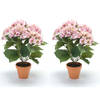 Set van 2x stuks roze hortensia kunstplant in kunststof pot 40 cm - Kunstplanten