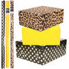 6x Rollen kraft inpakpapier/folie pakket - panterprint/geel/zwart met gouden stippen 200 x 70 cm - Cadeaupapier