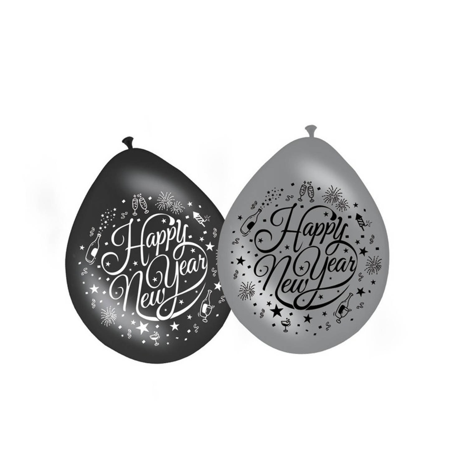 16x stuks Happy New Year ballonnen zwart/zilver - Ballonnen
