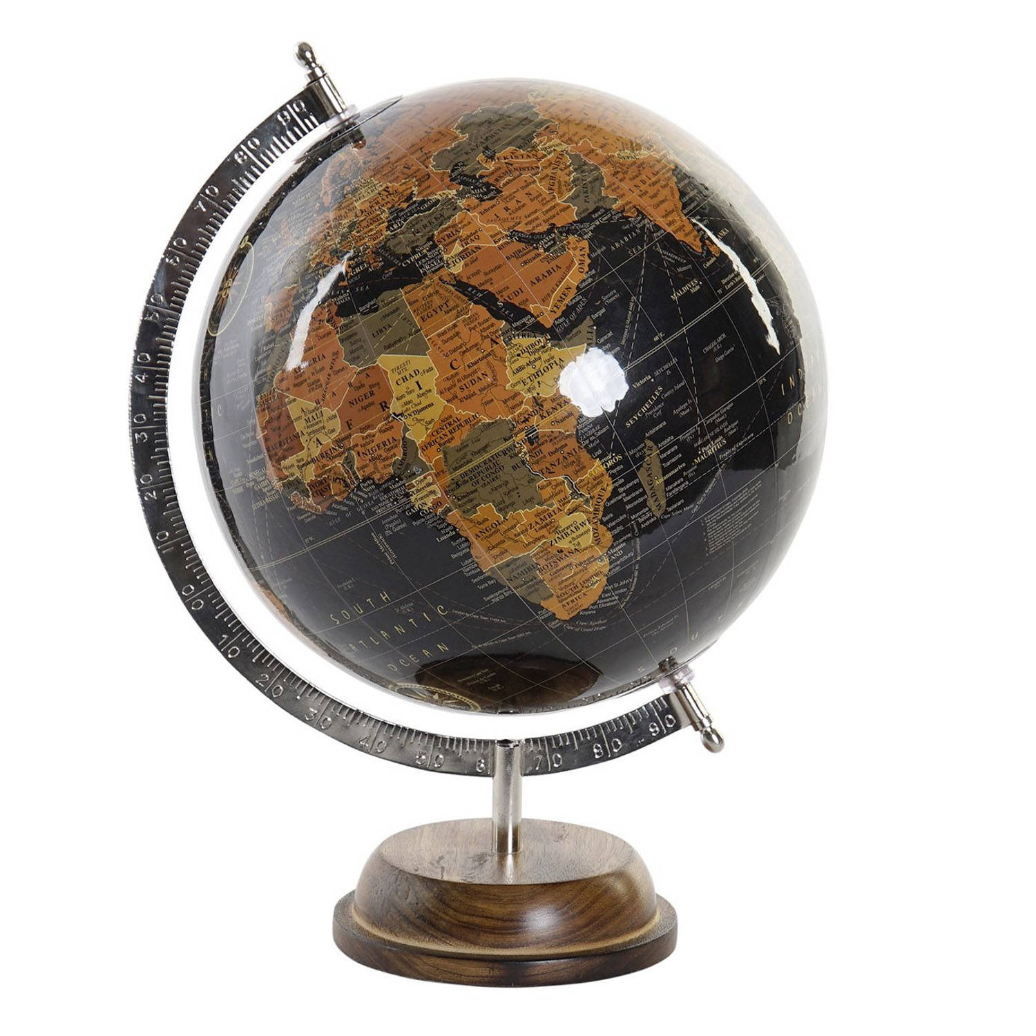 Decoratie Wereldbol-globe Zwart Op Metalen Voet-standaard 28 X 37 Cm Landen-contintenten Topografie