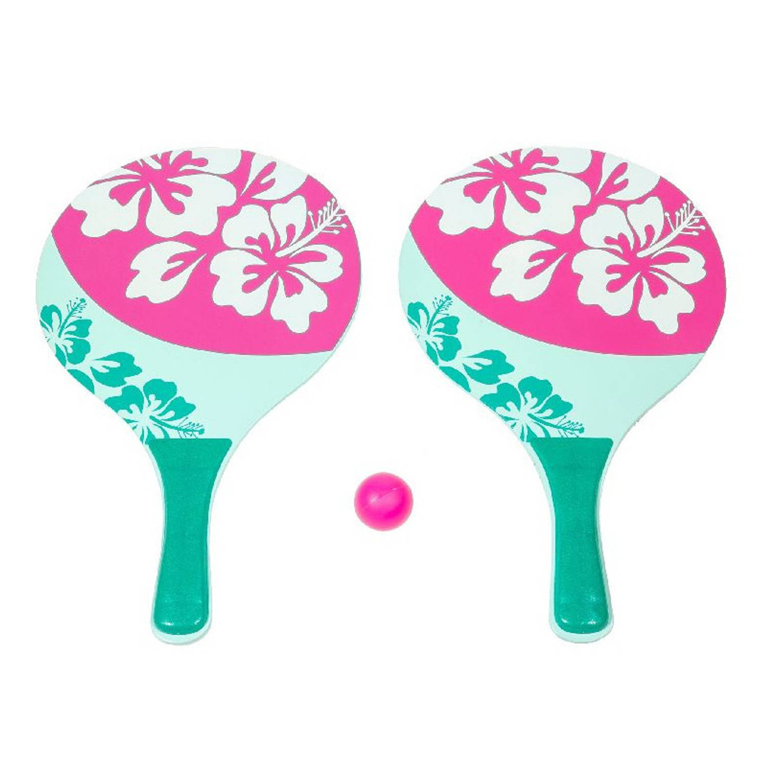 Houten beachball set groen/roze met bloemen print - Beachballsets