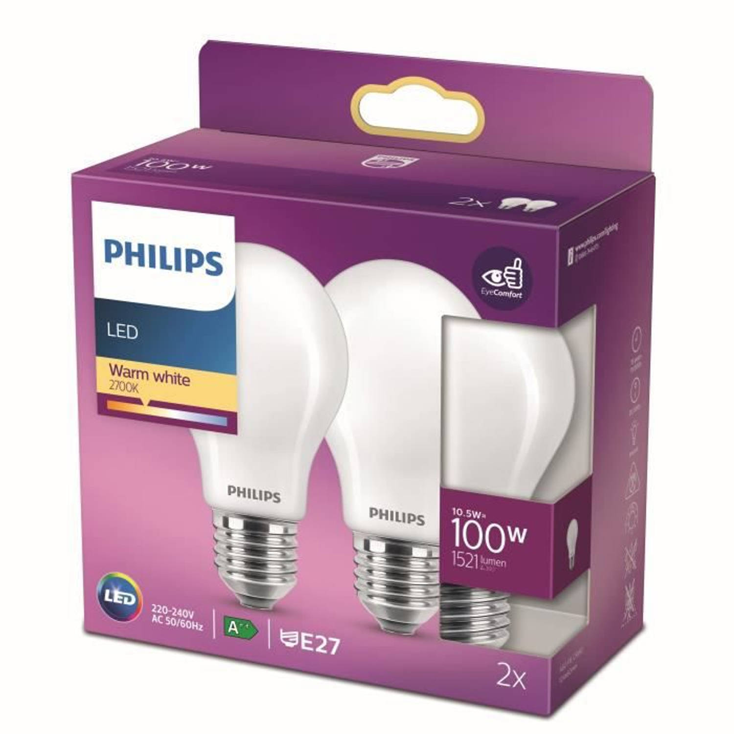 Philips LED-lamp Equivalent 100W E27 Warmwit, niet-dimbaar, glas, set van 2