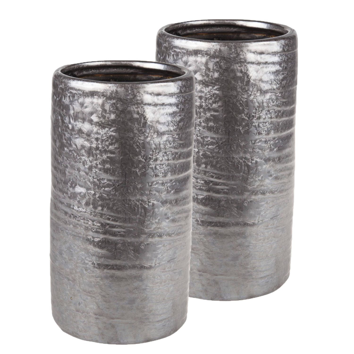 2x Stuks Cilinder Vazen Keramiek Zilver-grijs 12 X 22 Cm Keramieken Vazen