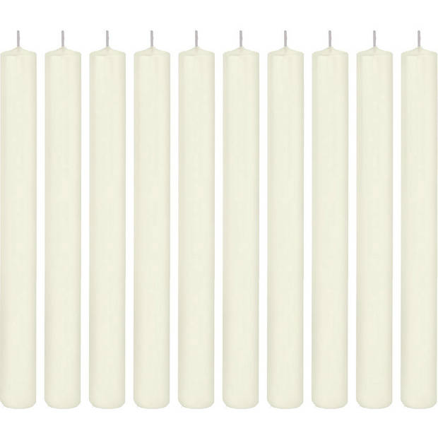 10x Lange rechte kaarsen ivoorwit 25 cm 14 branduren dinerkaarsen/tafelkaarsen - Dinerkaarsen