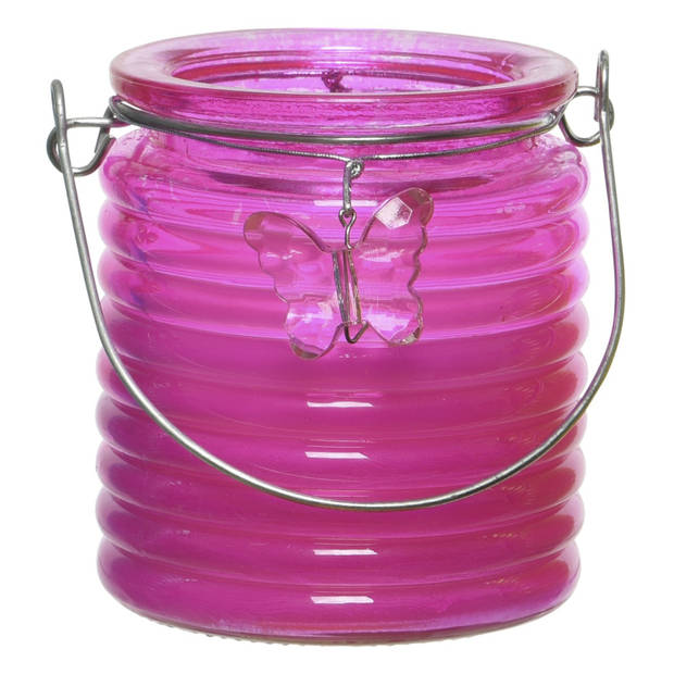 Citronella windlicht met kaars - 3x - paars/roze en rood - 20 branduren - citrusgeur - geurkaarsen