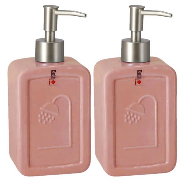 Set van 2x stuks zeeppompjes/zeepdispensers roze keramiek 18 cm - Zeeppompjes