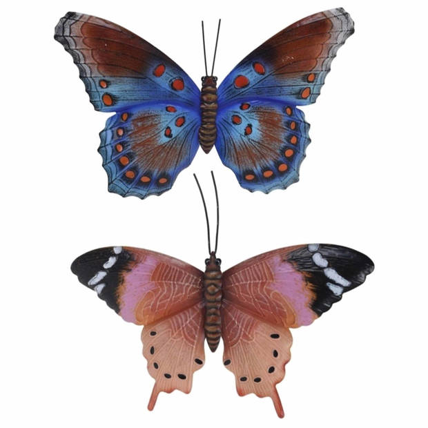 Set van 2x stuks tuindecoratie muur/wand vlinders van metaal in bruin en blauw tinten 44 x 31 cm - Tuinbeelden