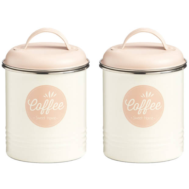 Set van 2x stuks wit/roze koffie vershoudblik 11 x 16 cm 2 liter - Voorraadblikken