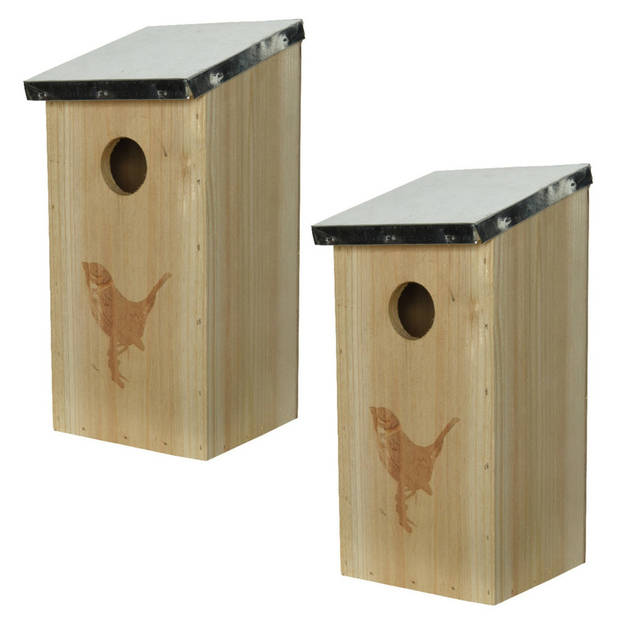 2x stuks vurenhouten/houten vogelhuisjes naturel 12 x 13,5 x 26 cm - Vogelhuisjes