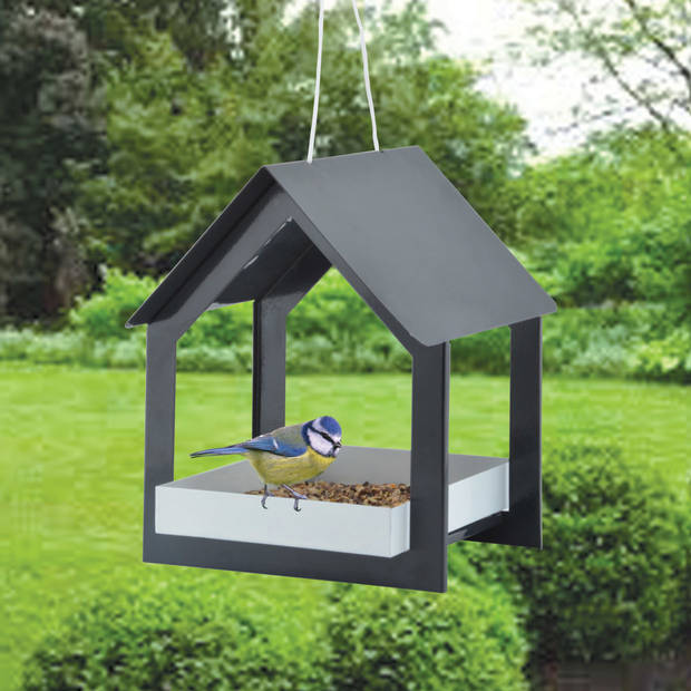 Metalen vogelhuisje/voedertafel hangend antraciet 23 cm - Vogelvoederhuisjes