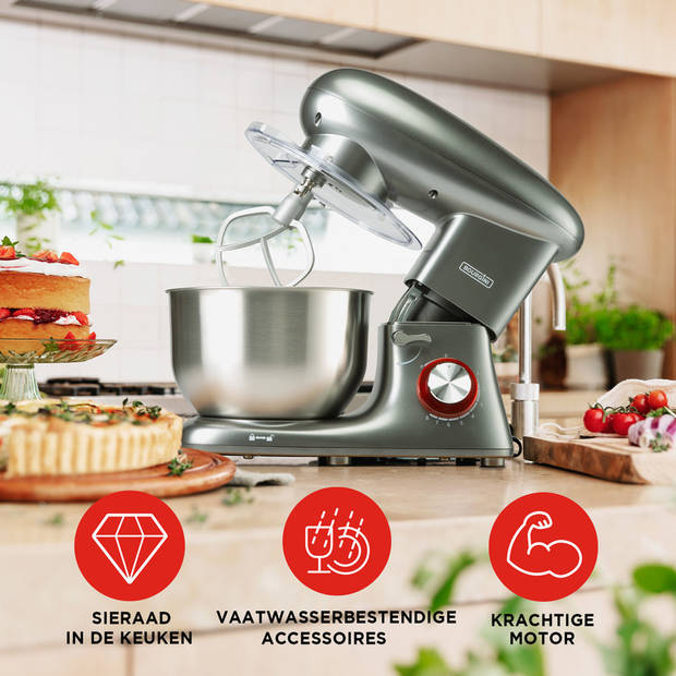 Bourgini Kitchen Chef Plus Keukenmachine - 5.5L Mengkom - 1400W - Grijs - Keukenmixer - Keukenrobot