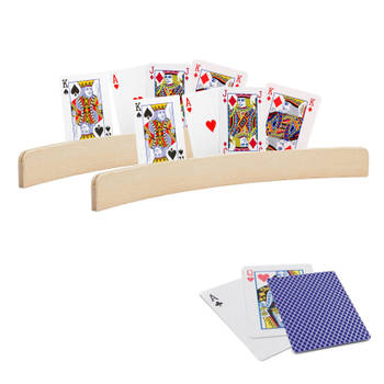 2x stuks Speelkaarthouders hout 35 cm inclusief 54 speelkaarten blauw - Speelkaarthouders