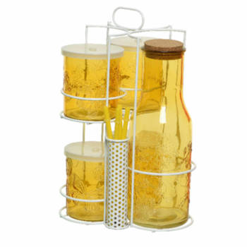 Gele karaf/sapkan/schenkkan 1 liter met 4 mason jars en rietjes - Drinkglazen