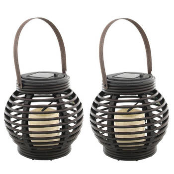 Set van 2x stuks buiten/tuin zwarte rotan lampionnen/hanglantaarns 16 cm solar tuinverlichting - Lantaarns