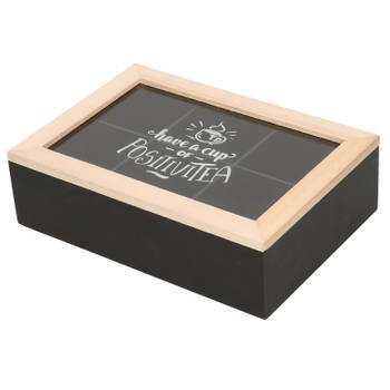 Houten theedoos/theekist zwart/bruin met 6 vakken 24 x 16 x 7 cm - Theedozen