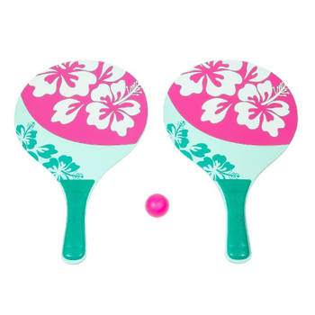 Houten beachball set groen/roze met bloemen print - Beachballsets