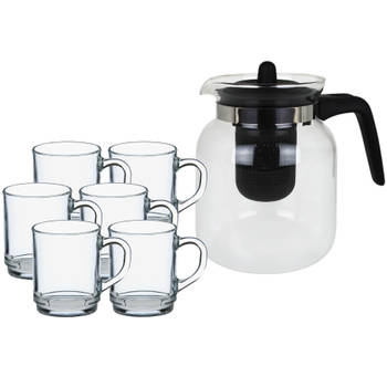 Glazen theepot met filter/infuser van 1,5 liter met 6x stuks theeglazen van 260 ml - Theepotten