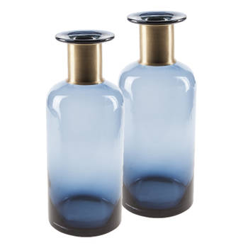 2x stuks flesvazen glas donkerblauw 12 x 30 cm - Vazen