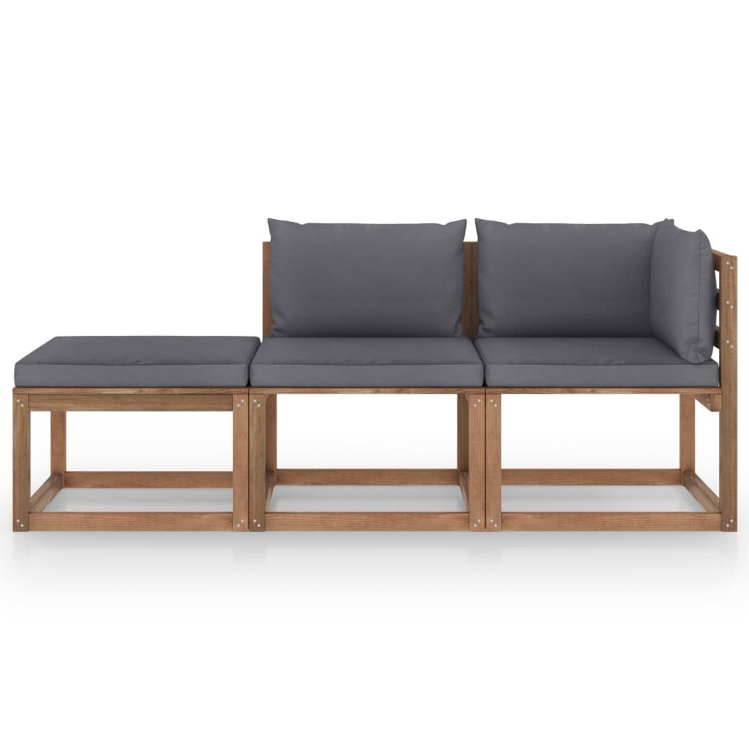 The Living Store Pallet Loungeset - Hoekbank + Middenbank + Voetenbank - 64x64x70 cm - Antraciet kussen