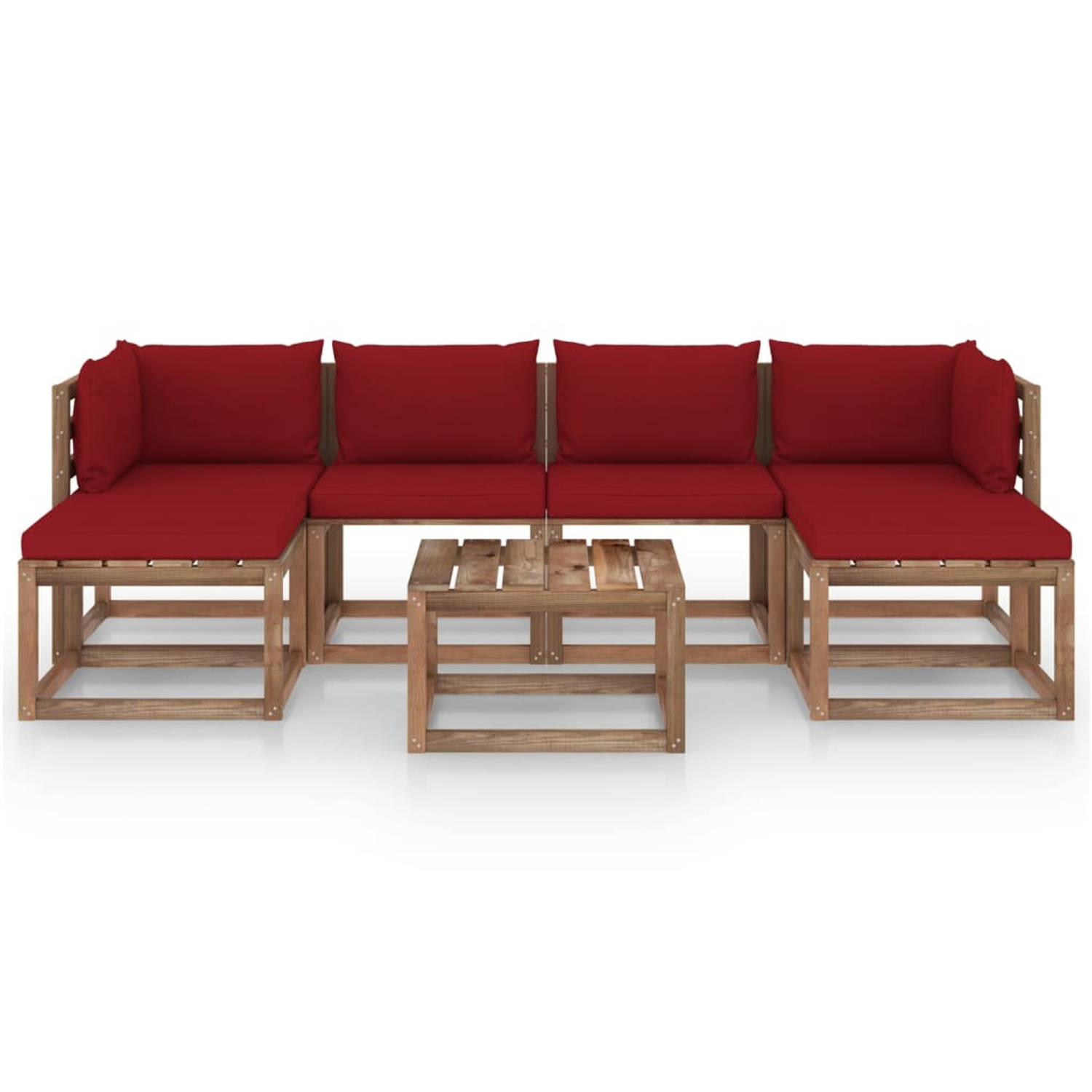 The Living Store Pallet loungeset - Tuinmeubel - 64x64x70 cm - Grenenhout - Wijnrode kussens