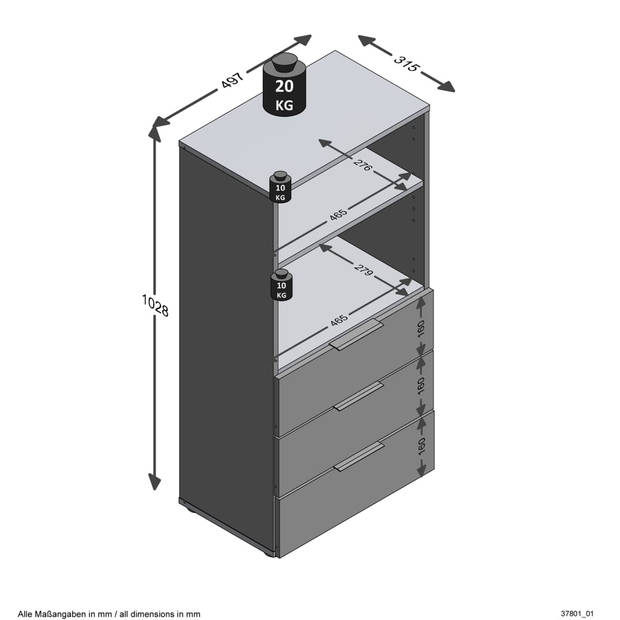 FMD Dressoir met 3 lades en open schappen zwart