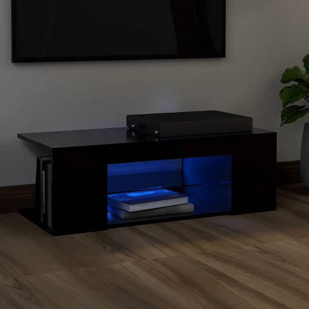 The Living Store Tv-meubel - LED-verlichting - Hifi-kast - 90x39x30 cm - zwart - bewerkt hout
