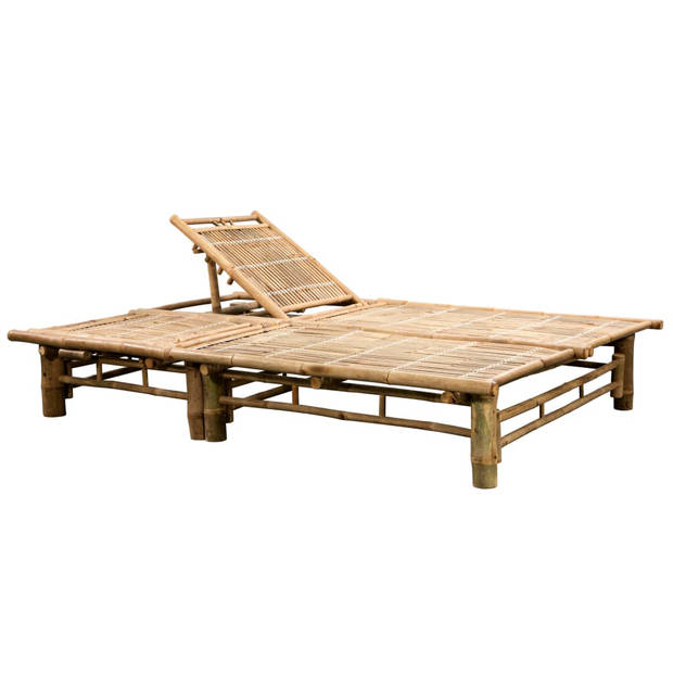 The Living Store Ligstoel Bamboo - 200x130x(24-87) cm - Blauwe kussens