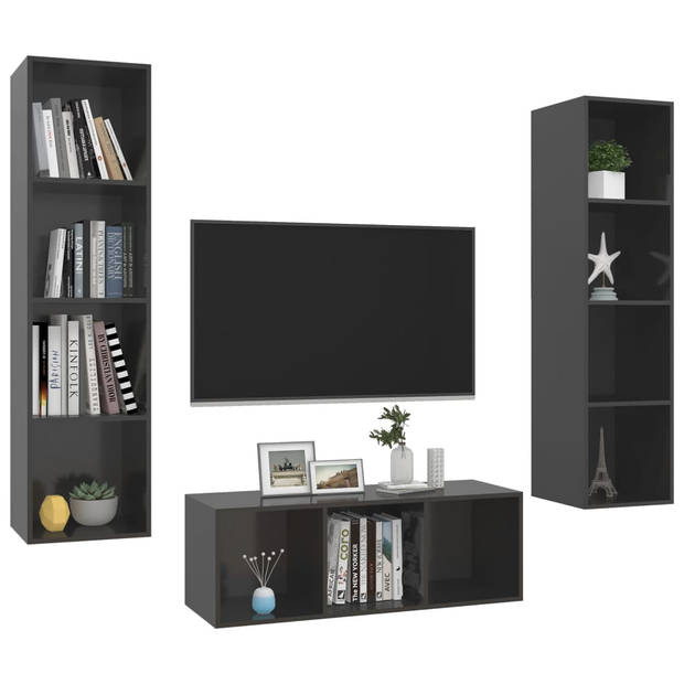 The Living Store TV-meubelset - Hoogglans grijs - Spaanplaat - 1x 37x37x107 cm - 2x 37x37x142.5 cm