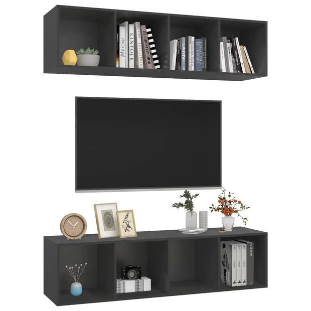 The Living Store Tv-meubelset Grijs Spaanplaat 37x37x142.5 cm - Opbergruimte - Verticaal/horizontaal ophangen - 4