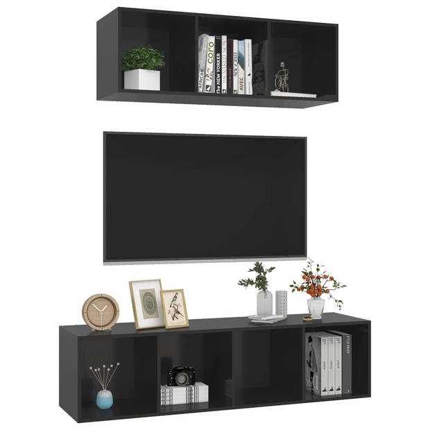 The Living Store tv-meubelset - hoogglans zwart - spaanplaat - 37 x 37 x 107 cm en 37 x 37 x 142.5 cm