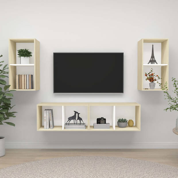 The Living Store Tv-meubelset - wit en sonoma eiken - 37 x 37 x 72 cm - 4 stuks