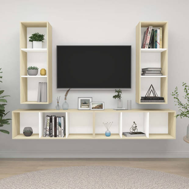 The Living Store Televisiewandmeubelset - 37 x 37 x 107 cm - wit en sonoma eiken - spaanplaat