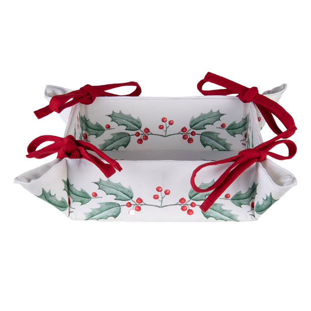 Clayre & Eef Broodmand 35x35x8 cm Wit Rood Katoen Vierkant Hulstbladeren Cadeau keuken Wit Cadeau keuken