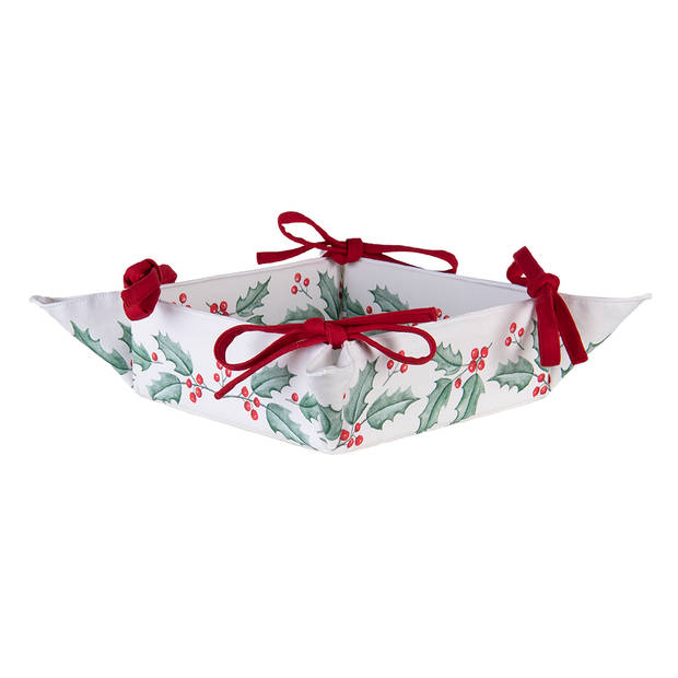 Clayre & Eef Broodmand 35x35x8 cm Wit Rood Katoen Vierkant Hulstbladeren Cadeau keuken Wit Cadeau keuken