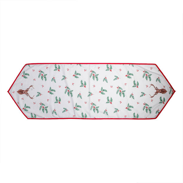 Clayre & Eef Tafelloper Kerst 50x160 cm Wit Rood Katoen Hert Hulstbladeren Tafelkleed Wit Tafelkleed