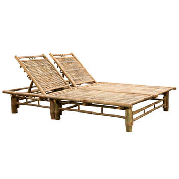 The Living Store Ligstoel Bamboo - 200x130x(24-87) cm - Blauwe kussens