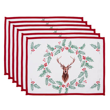 Clayre & Eef Placemats Set van 6 48x33 cm Wit Rood Katoen Rechthoek Hert Hulstbladeren Tafelmat Wit Tafelmat