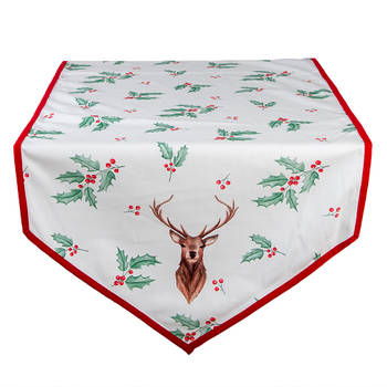 Clayre & Eef Tafelloper Kerst 50x160 cm Wit Rood Katoen Hert Hulstbladeren Tafelkleed Wit Tafelkleed