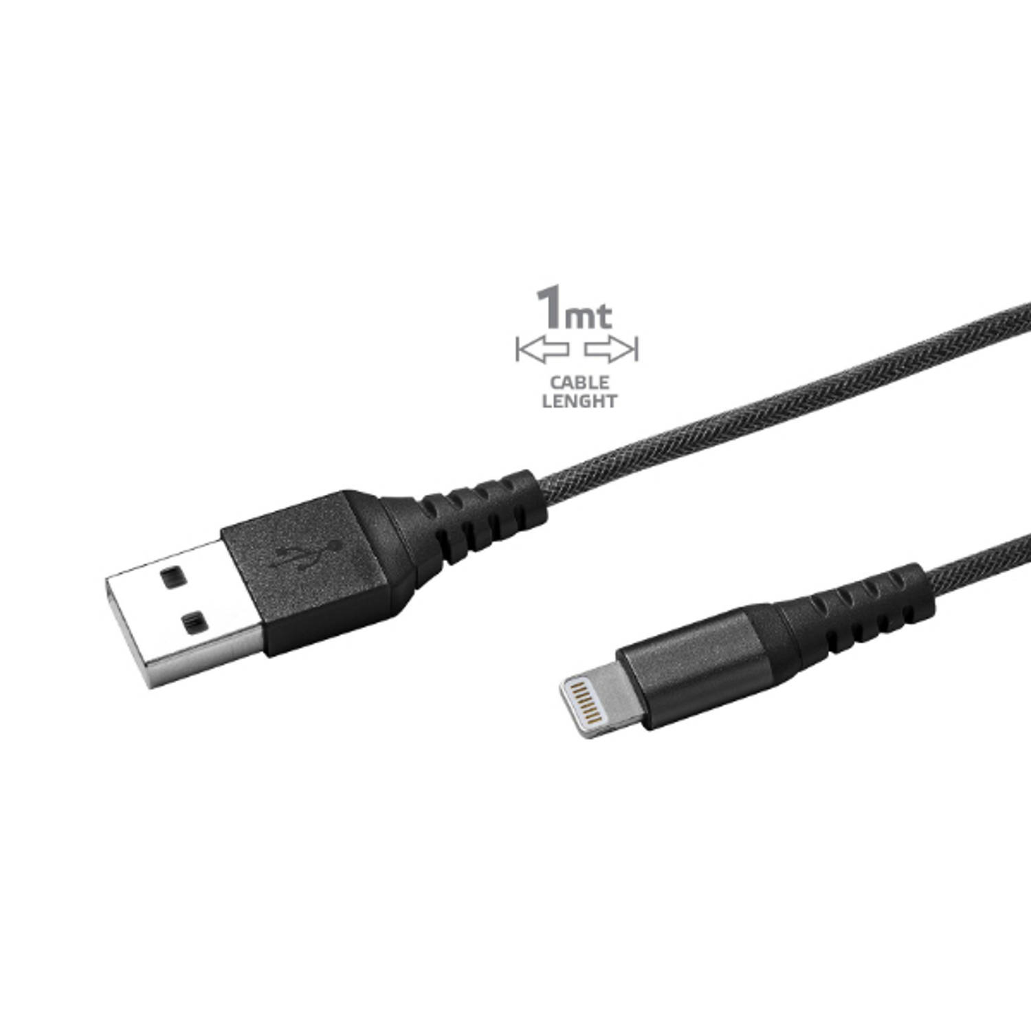 Celly - USB-Lightning Kabel Nylon, Zwart - Celly