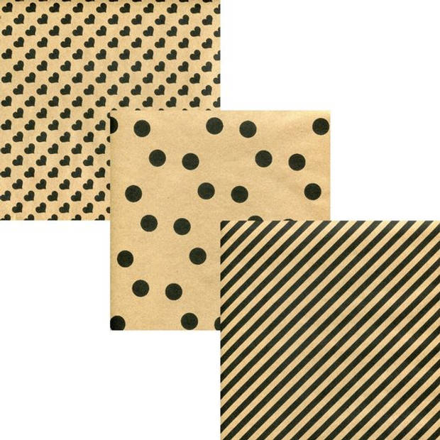 Bruine kraft met zwart design cadeaupapier inpakpapier - 200 x 70 cm - 9 rollen