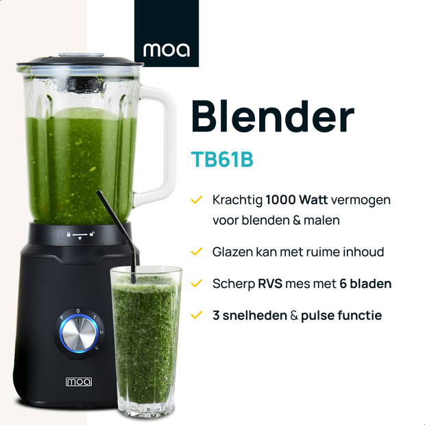 MOA TB61B - Blender met glazen kan - 1,5 liter - 1000 Watt - Zwart