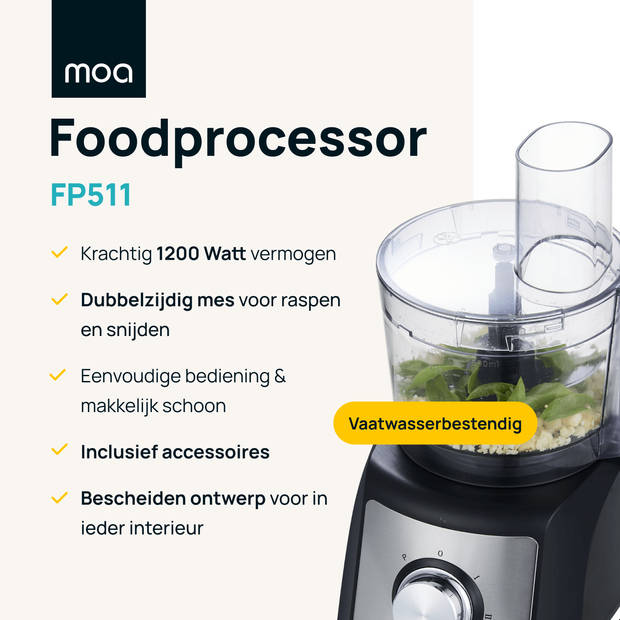 MOA Foodprocessor met 1200 Watt - Extra krachtig - Met accessoires voor gebruik als citruspers, blender etc. - Zwart met