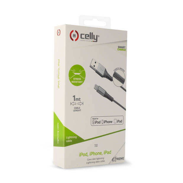 Celly - USB-Lightning Kabel Nylon, Grijs - Celly