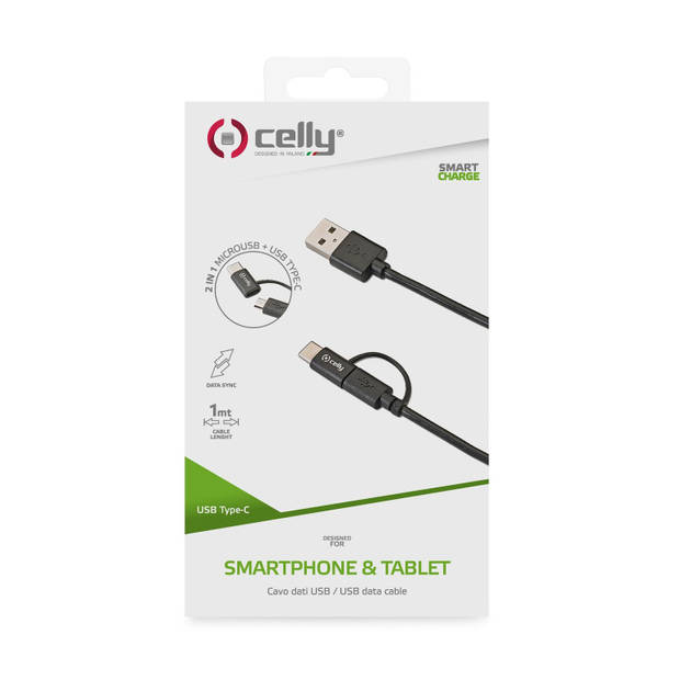 Celly - Micro-USB/Type-C Kabel, 1 meter - Zwart - Kunststof - Celly