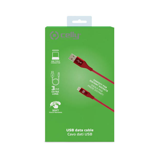 Celly - USB-Kabel Type-C, 3 meter, Rood - Siliconen - Celly Feeling