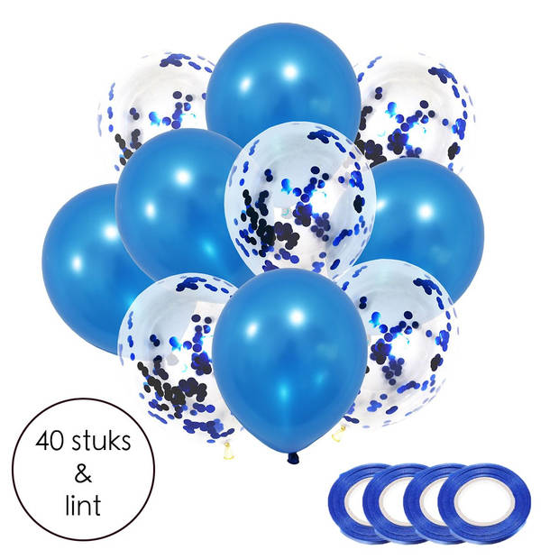 Ballonnenset blauw - Confetti ballonnen - 40 stuks inclusief Lint