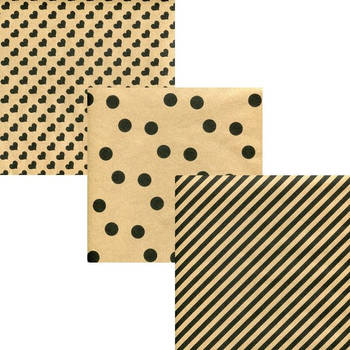 Bruine kraft met zwart design cadeaupapier inpakpapier - 200 x 70 cm - 6 rollen