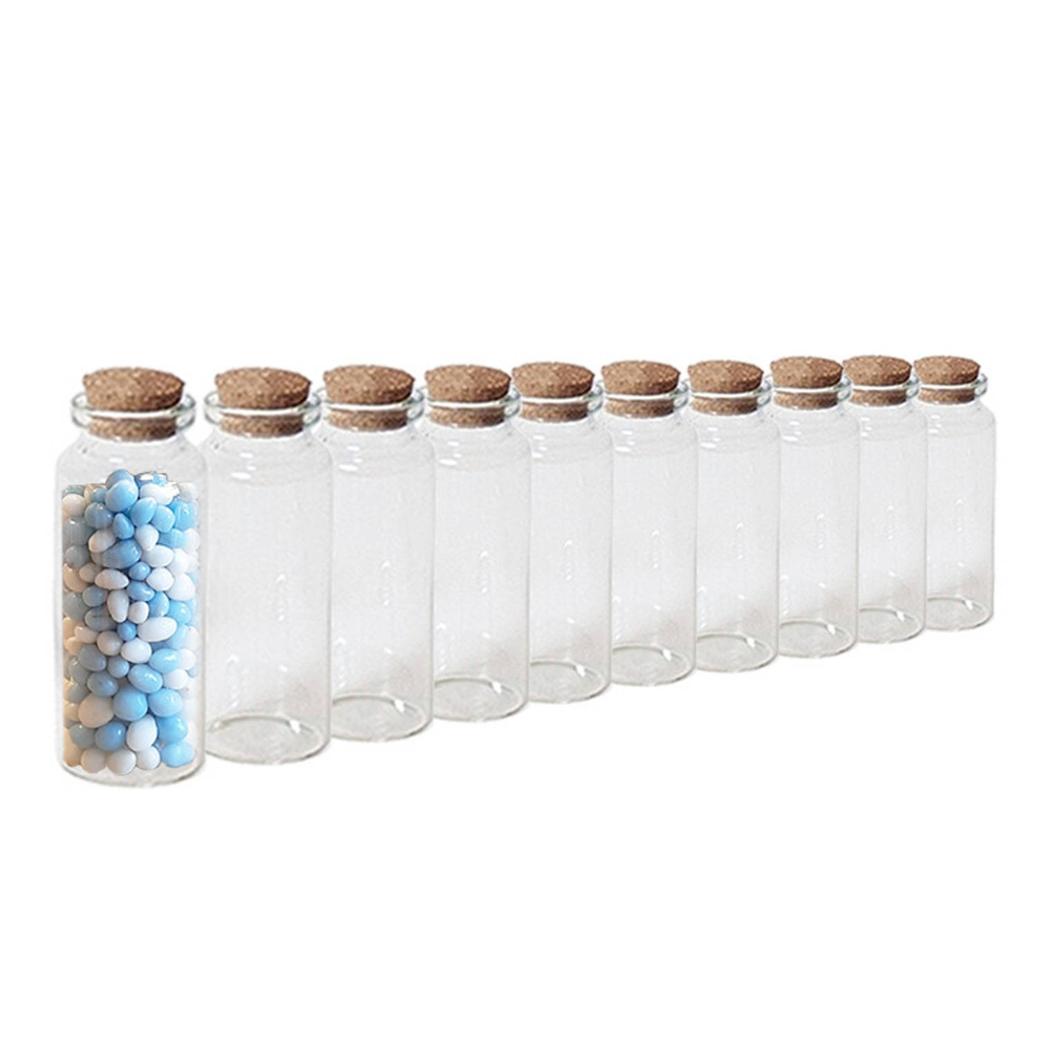 Kleine decoratieve glazen uitdeelflesjes met kurken dop 18 ml - Decoratieve flessen | Blokker