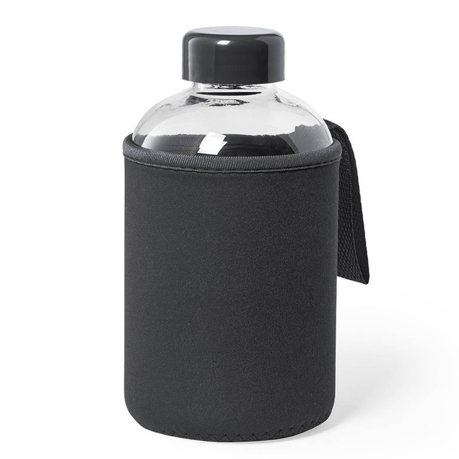 Glazen waterfles/drinkfles met zwarte softshell bescherm hoes 600 ml - Drinkflessen