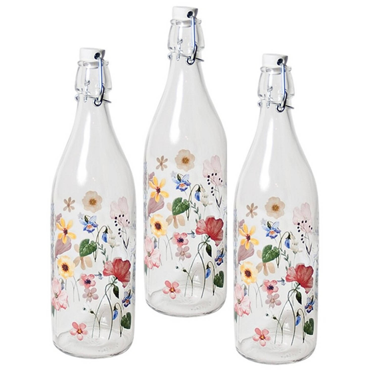 6x Glazen Beugelflessen/weckflessen Bloemenprint Met Beugeldop 1 Liter - Decoratieve Flessen